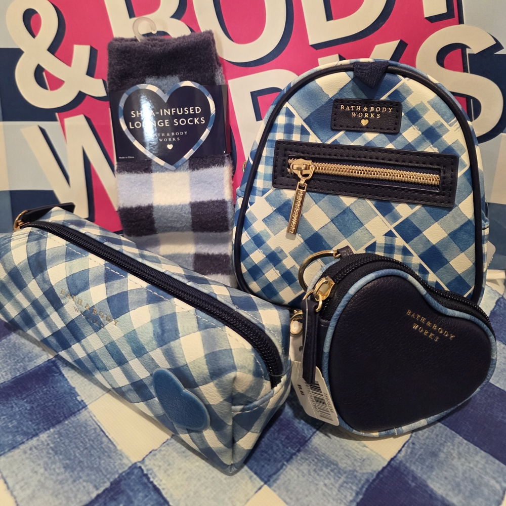 Bath & Body Works Blue Gingham Buffalo Check Plaid Accessory Bundle